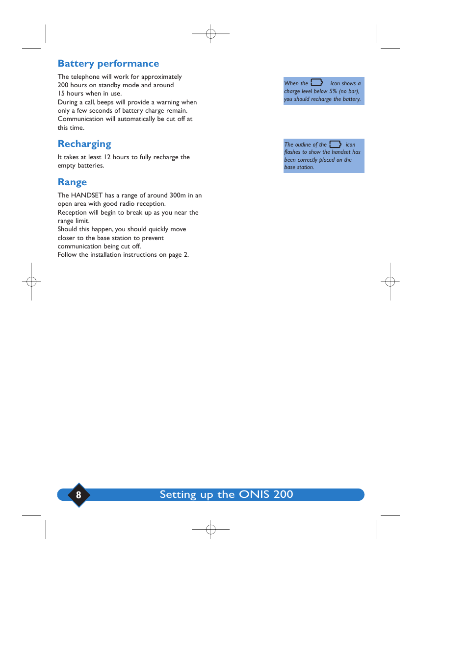 Setting up the onis 200, 8battery performance, Recharging | Range | Philips 200 User Manual | Page 14 / 55