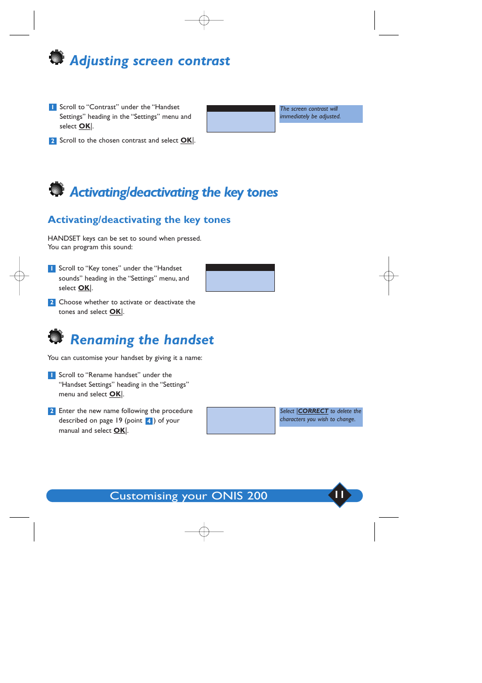 Activating/deactivating the key tones, Adjusting screen contrast, Renaming the handset | Customising your onis 200 | Philips 200 User Manual | Page 17 / 55