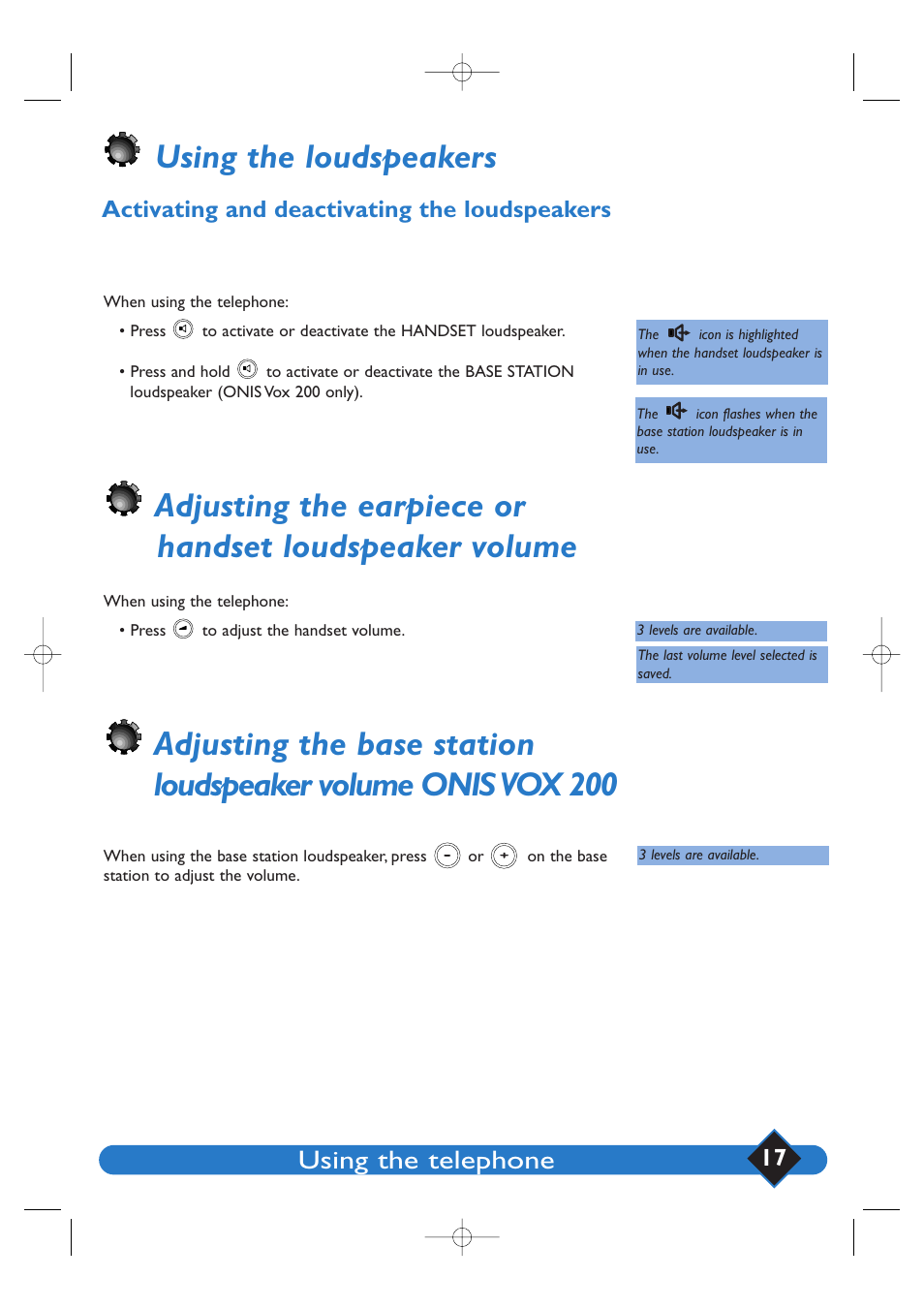 Using the loudspeakers, Using the telephone, Activating and deactivating the loudspeakers | Philips 200 User Manual | Page 23 / 55