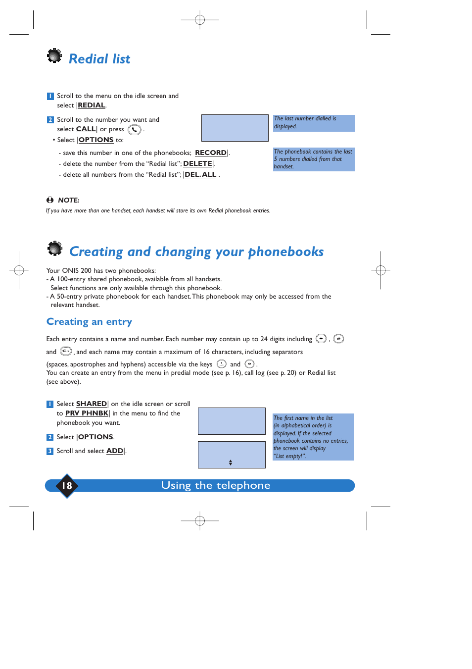 Creating and changing your phonebooks, Redial list, Using the telephone | Creating an entry | Philips 200 User Manual | Page 24 / 55