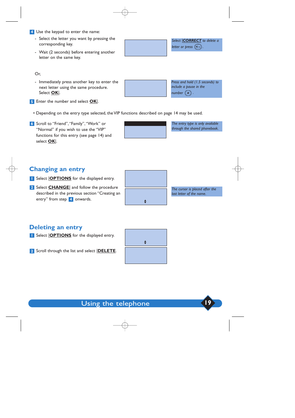 Using the telephone, Changing an entry, Deleting an entry | Philips 200 User Manual | Page 25 / 55