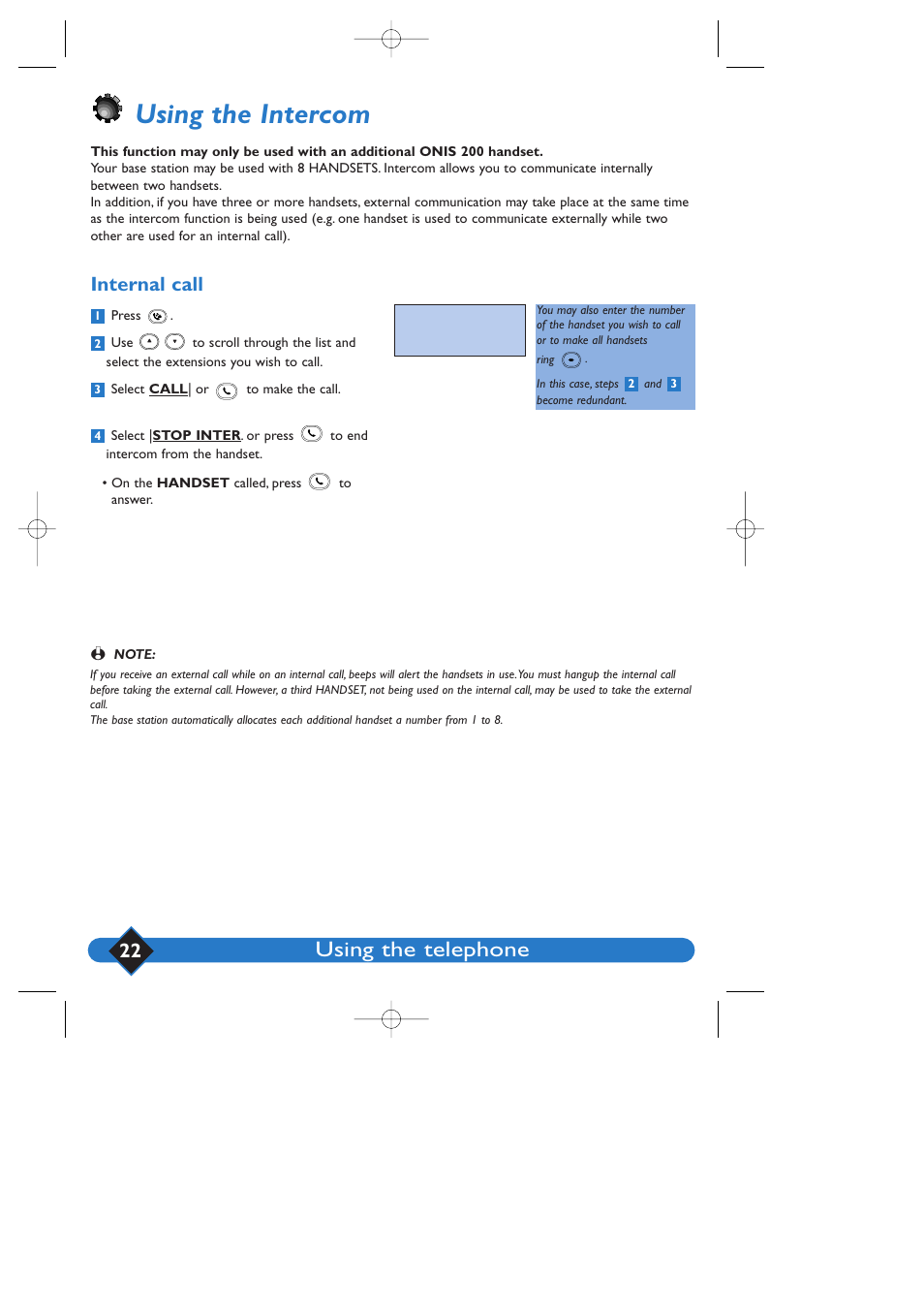 Using the intercom, Using the telephone, Internal call | Philips 200 User Manual | Page 28 / 55