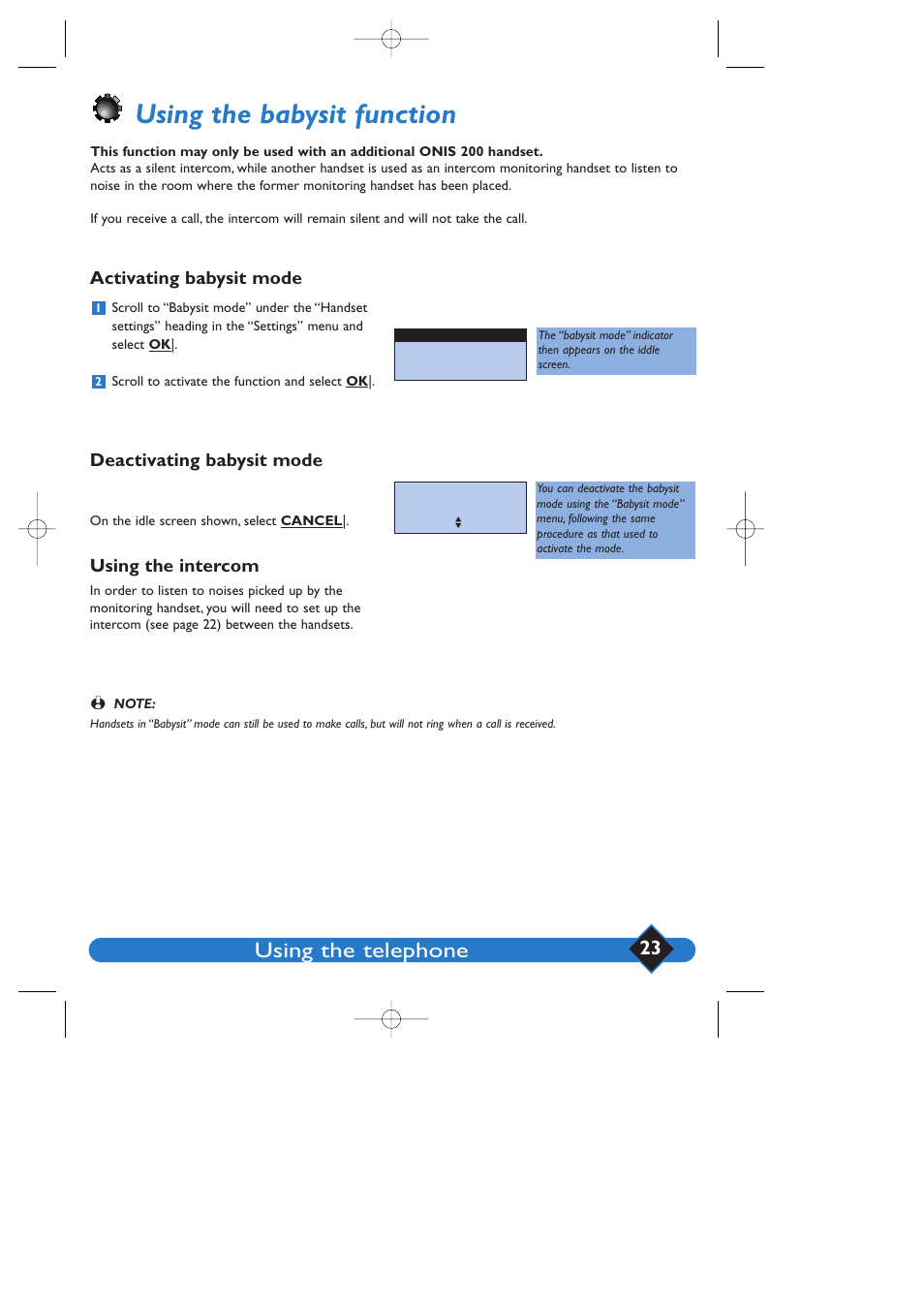 Using the babysit function, Using the telephone, Activating babysit mode | Deactivating babysit mode, Using the intercom | Philips 200 User Manual | Page 29 / 55