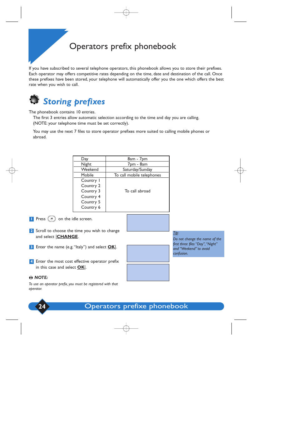 Operators prefix phonebook, Storing prefixes, Operators prefixe phonebook | Philips 200 User Manual | Page 30 / 55