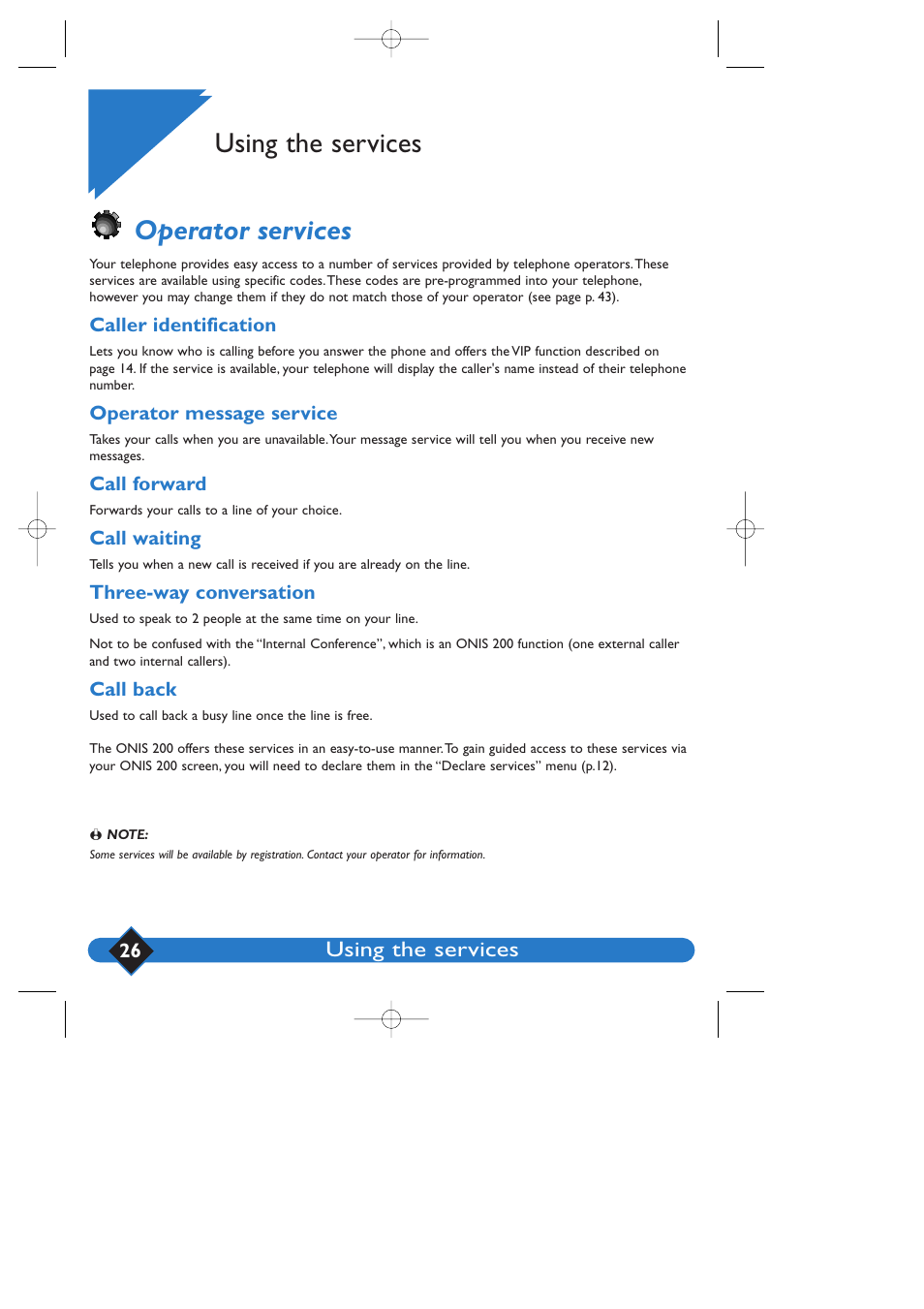 Using the services operator services, Using the services | Philips 200 User Manual | Page 32 / 55