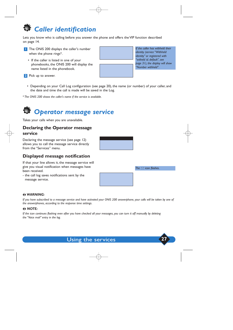 Caller identification, Operator message service, Using the services | Declaring the operator message service, Displayed message notification | Philips 200 User Manual | Page 33 / 55