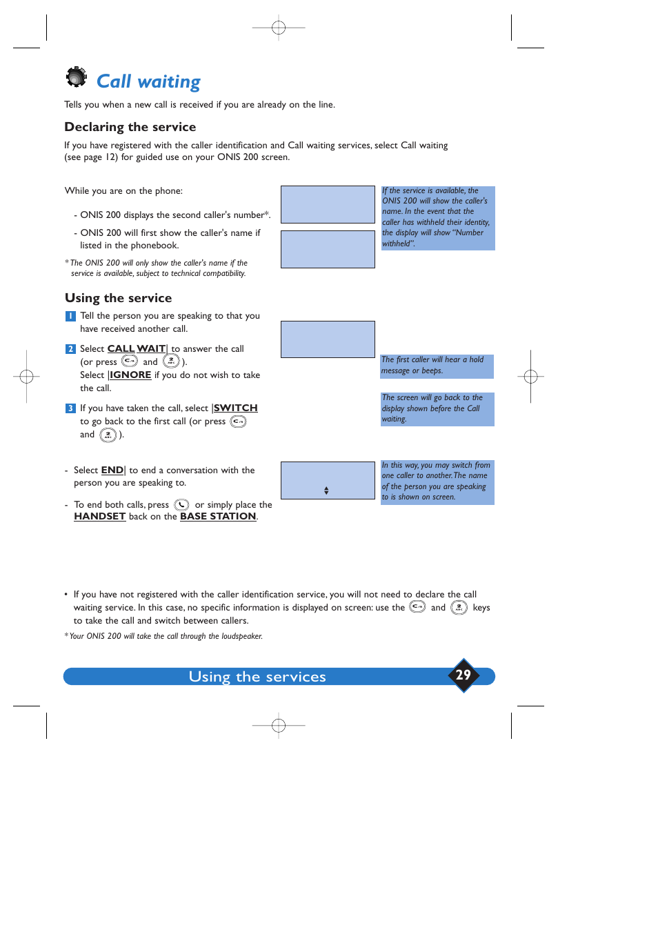 Call waiting, Using the services, Declaring the service | Using the service | Philips 200 User Manual | Page 35 / 55