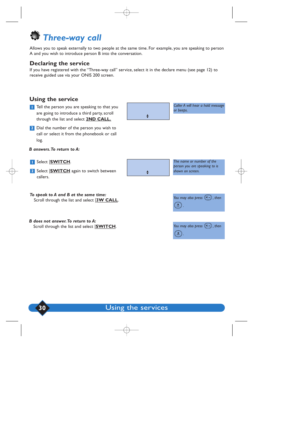 Three-way call, Using the services, Declaring the service | Using the service | Philips 200 User Manual | Page 36 / 55