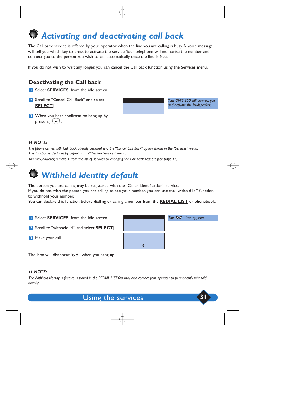 Activating and deactivating call back, Withheld identity default, Using the services | Deactivating the call back | Philips 200 User Manual | Page 37 / 55