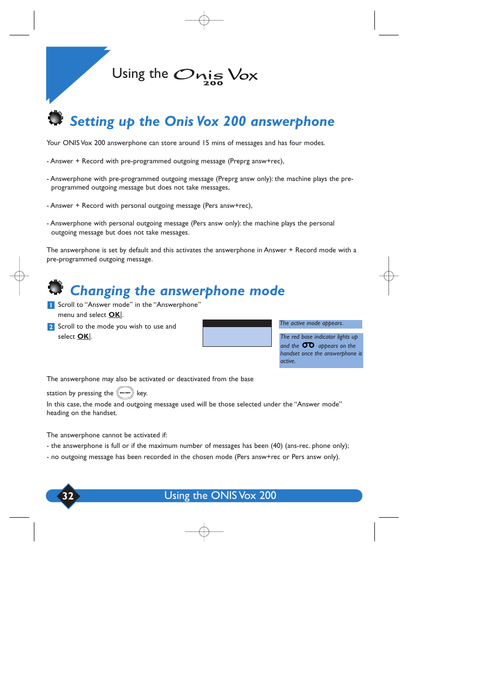 Setting up the onis vox 200 answerphone, Changing the answerphone mode, Using the | Using the onis vox 200 | Philips 200 User Manual | Page 38 / 55