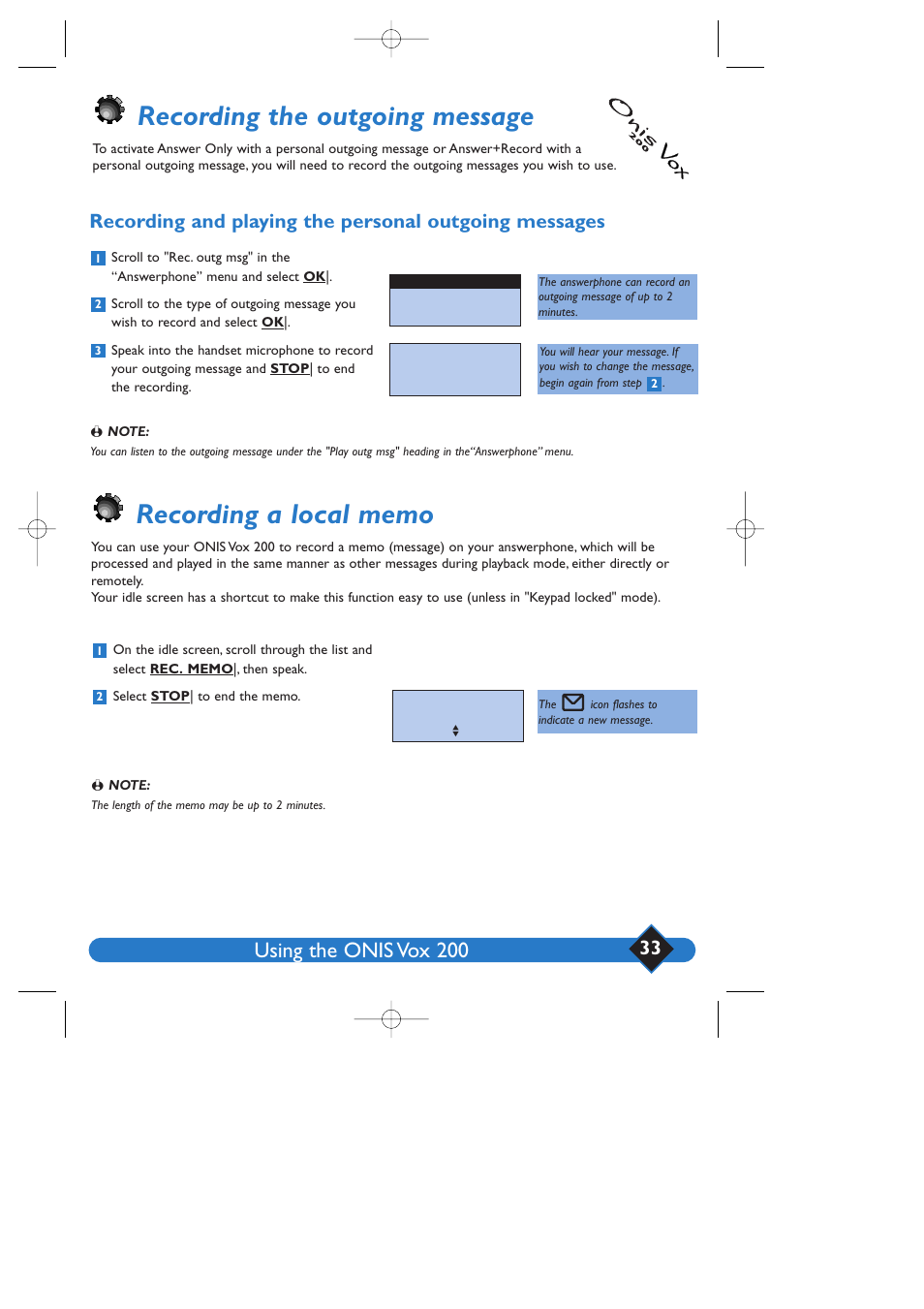 Recording the outgoing message, Using the onis vox 200 | Philips 200 User Manual | Page 39 / 55