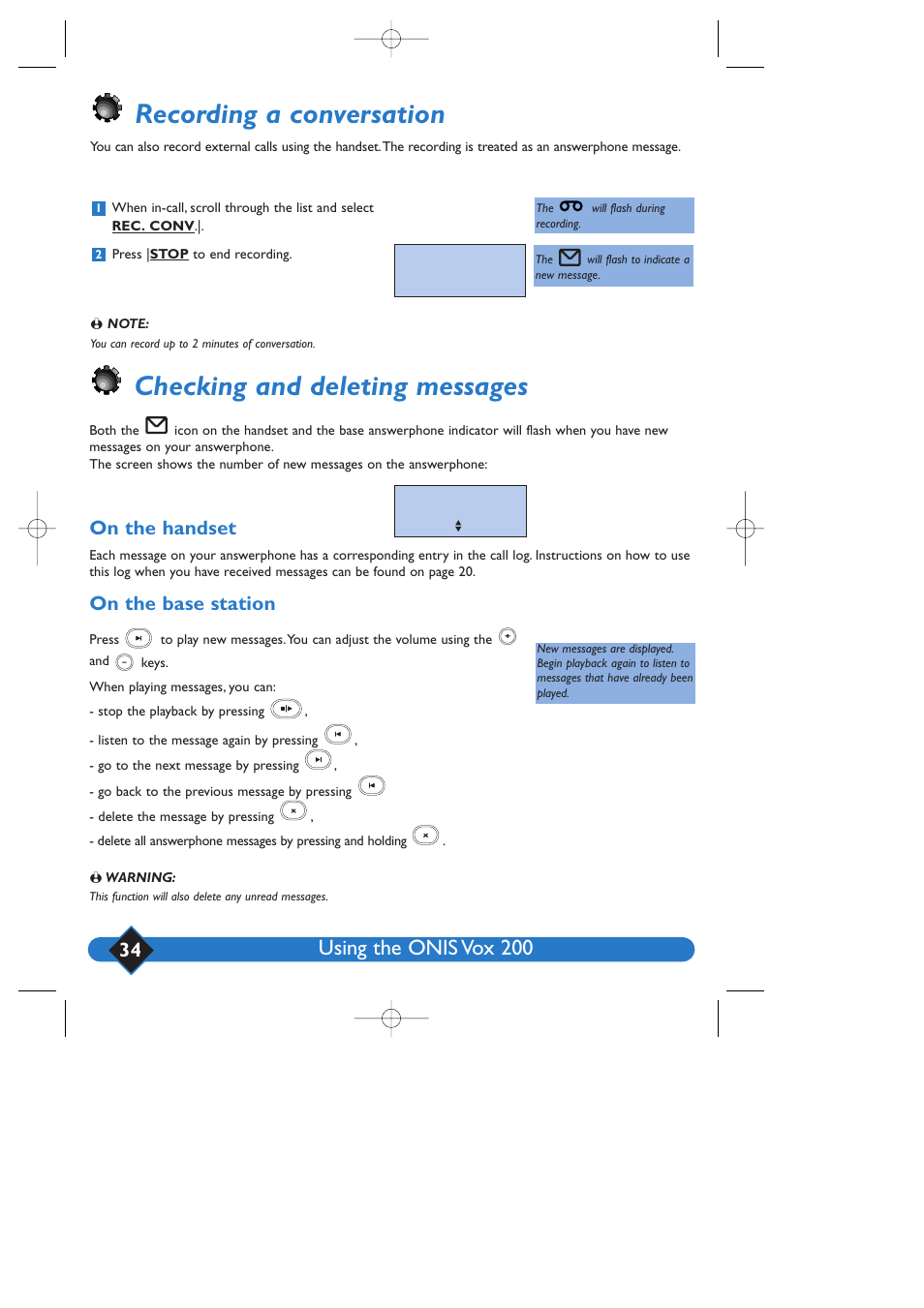 Recording a conversation, Checking and deleting messages, Using the onis vox 200 | On the handset, On the base station | Philips 200 User Manual | Page 40 / 55