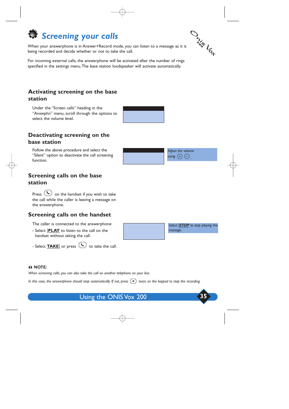 Screening your calls, Using the onis vox 200, Activating screening on the base station | Deactivating screening on the base station, Screening calls on the base station, Screening calls on the handset | Philips 200 User Manual | Page 41 / 55