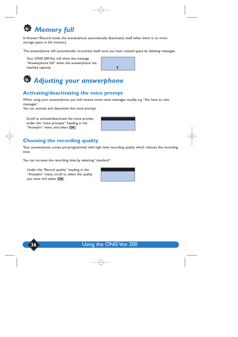 Adjusting your answerphone, Using the onis vox 200, Activating/deactivating the voice prompt | Choosing the recording quality | Philips 200 User Manual | Page 42 / 55