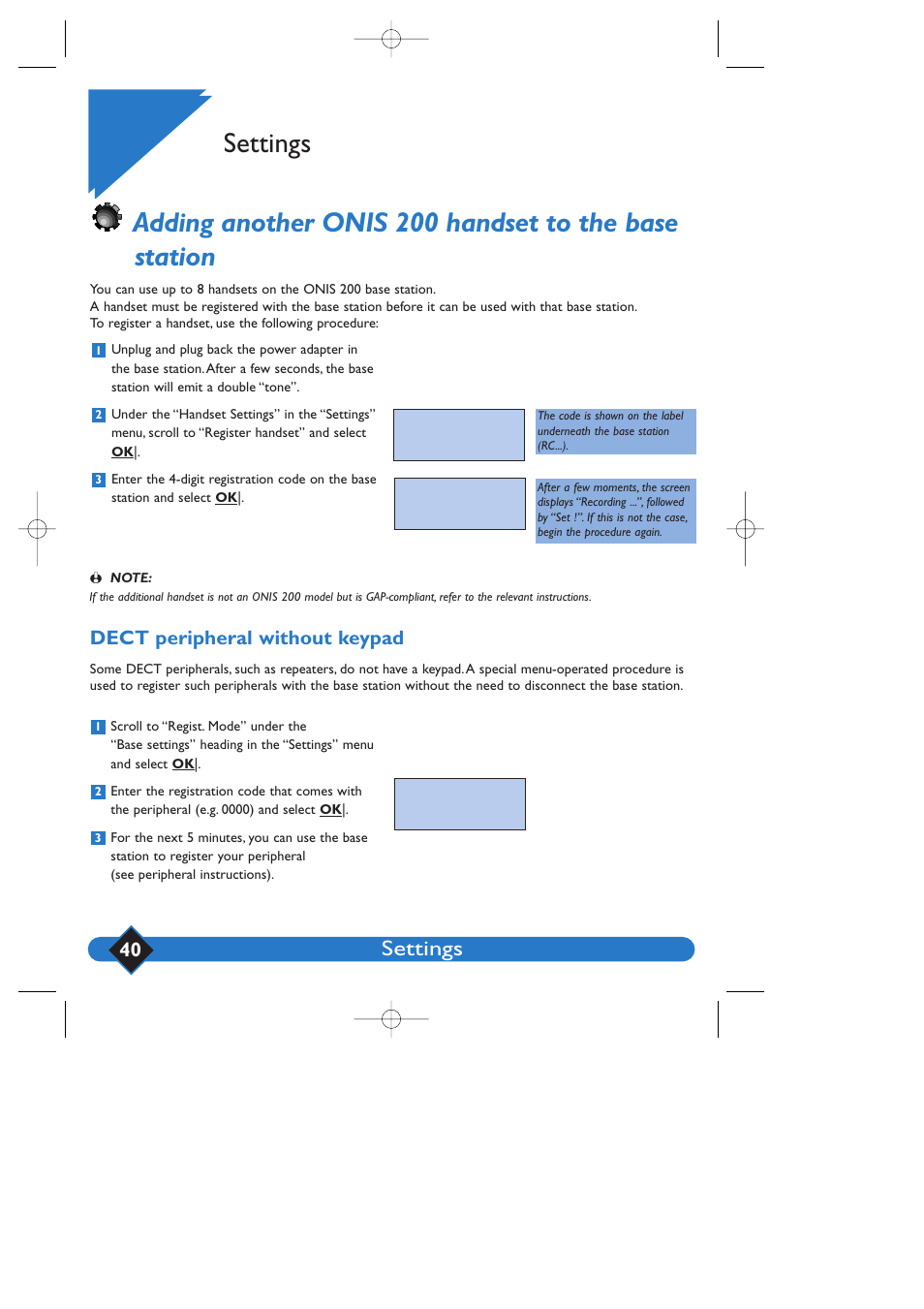 Settings, Dect peripheral without keypad | Philips 200 User Manual | Page 46 / 55