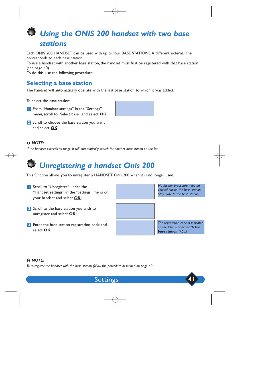 Using the onis 200 handset with two base stations, Unregistering a handset onis 200, Settings | Selecting a base station | Philips 200 User Manual | Page 47 / 55