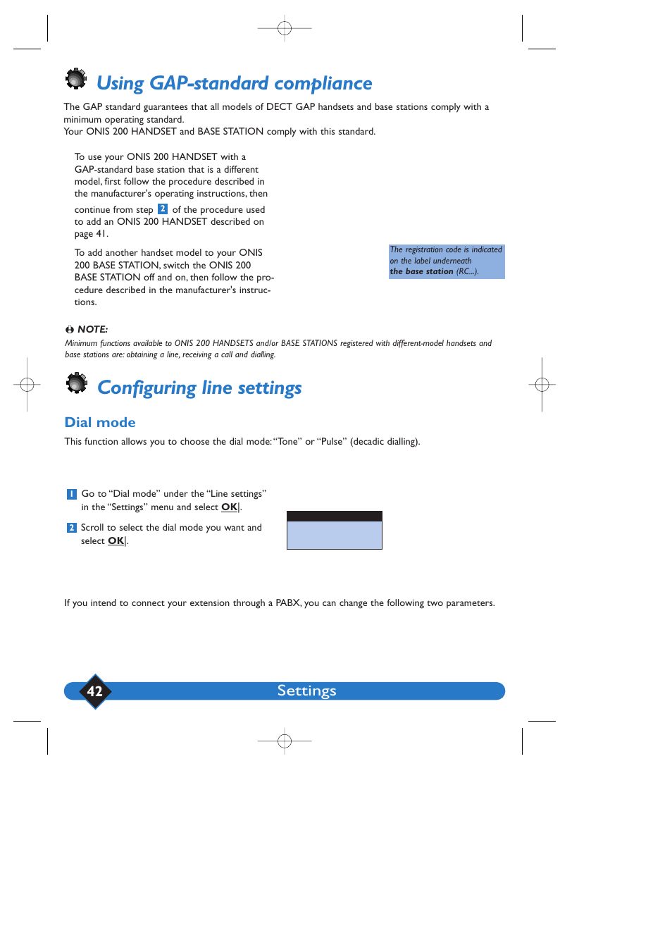 Using gap-standard compliance, Configuring line settings, Settings | Dial mode | Philips 200 User Manual | Page 48 / 55