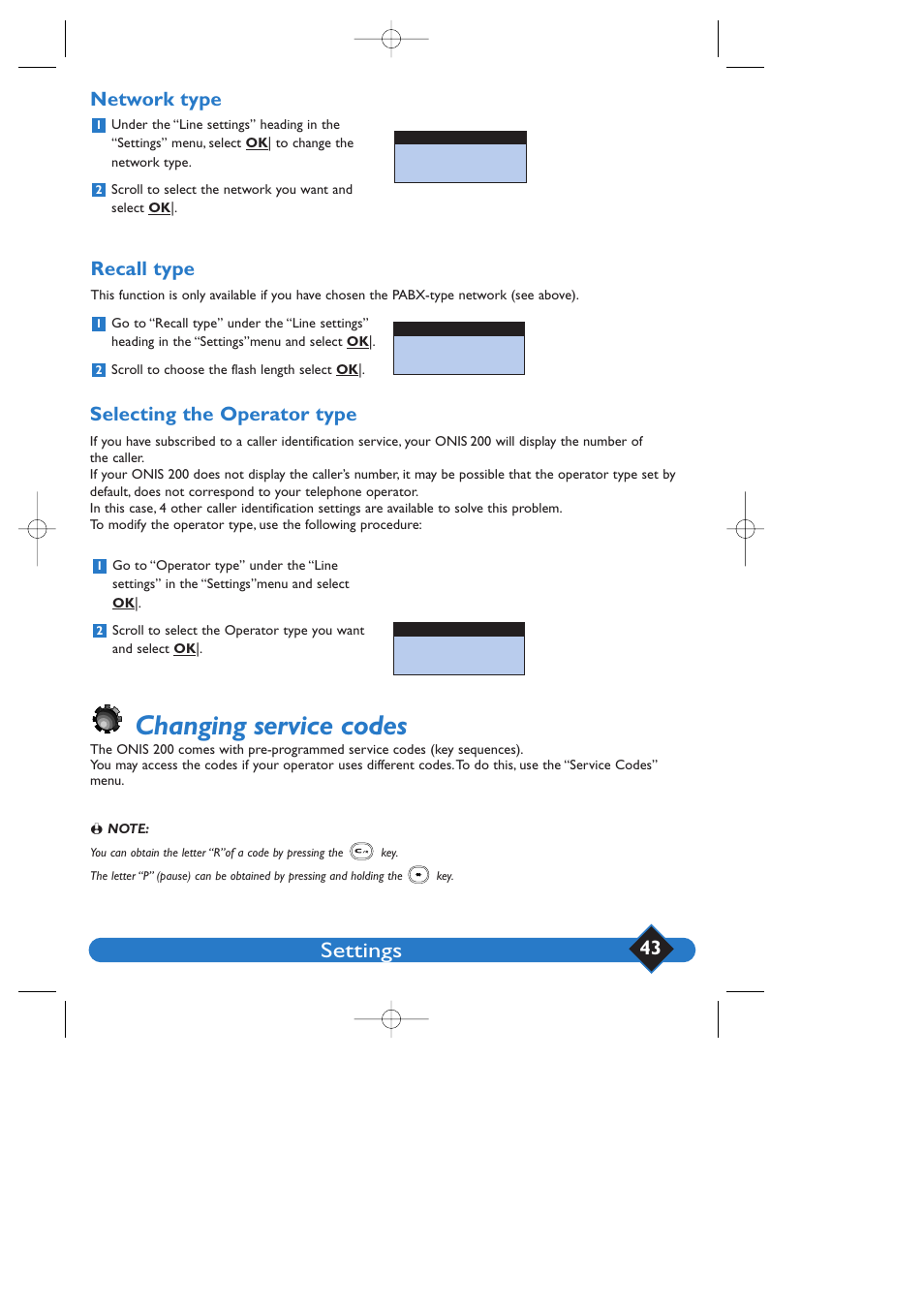 Changing service codes, Settings, Network type | Recall type, Selecting the operator type | Philips 200 User Manual | Page 49 / 55