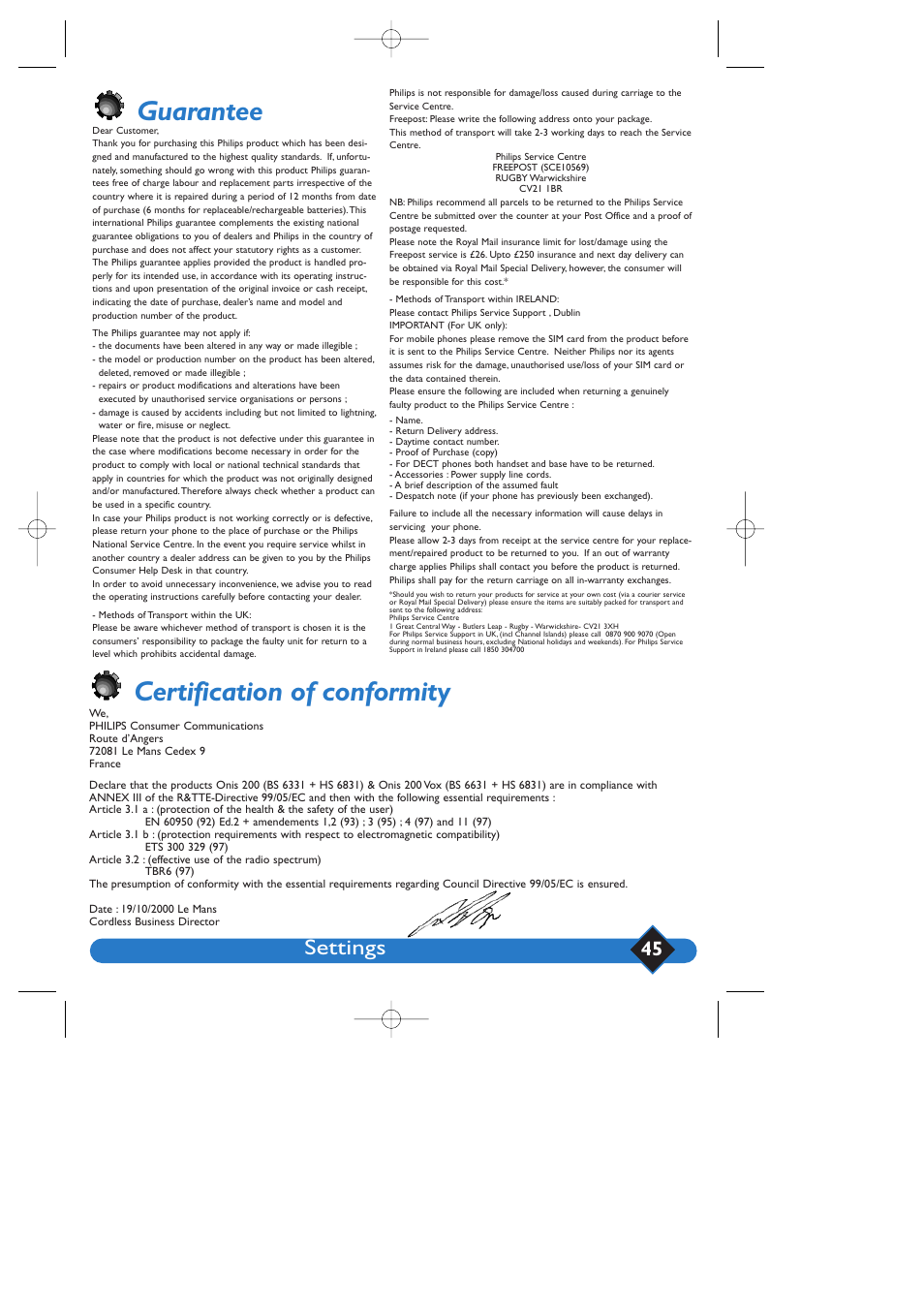 Certification of conformity, Guarantee, Settings | Philips 200 User Manual | Page 51 / 55