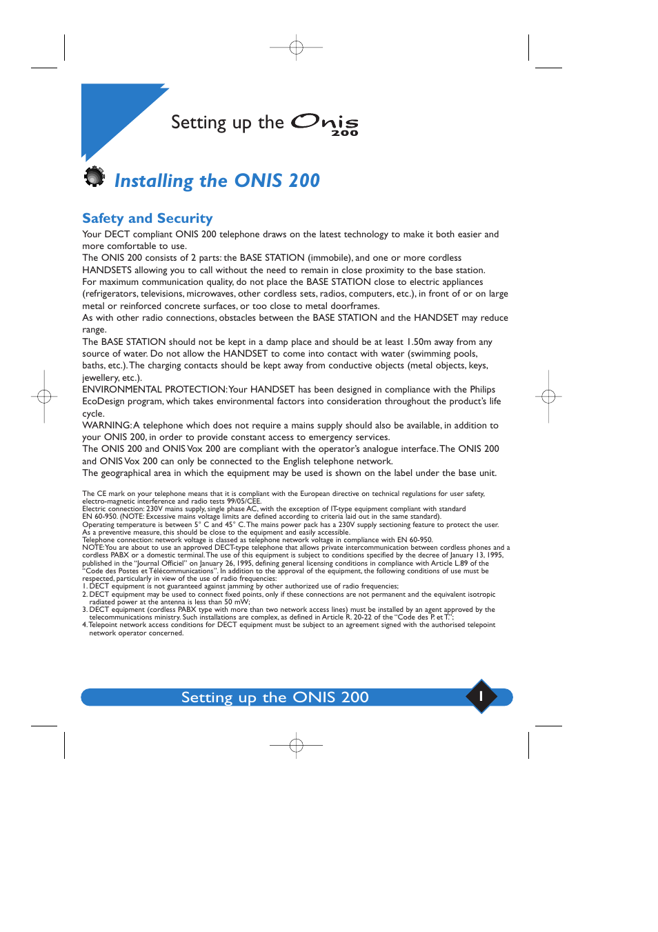 Setting up the, Installing the onis 200, Setting up the onis 200 | Safety and security | Philips 200 User Manual | Page 7 / 55