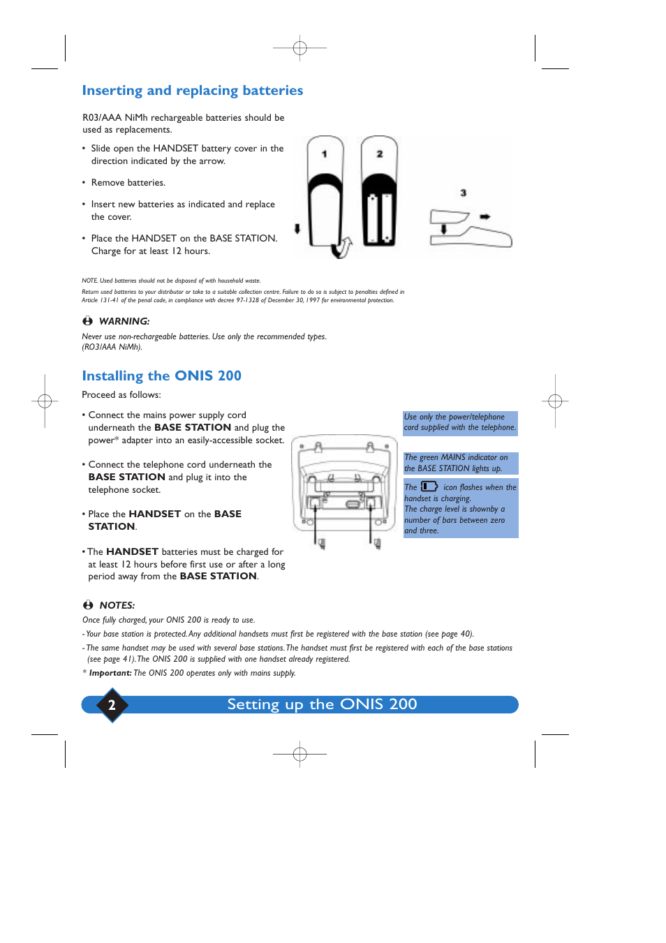 Setting up the onis 200, Installing the onis 200, Inserting and replacing batteries | Philips 200 User Manual | Page 8 / 55