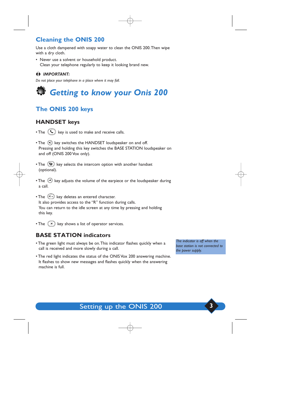 Getting to know your onis 200, Setting up the onis 200, 3cleaning the onis 200 | The onis 200 keys, Handset keys, Base station indicators | Philips 200 User Manual | Page 9 / 55