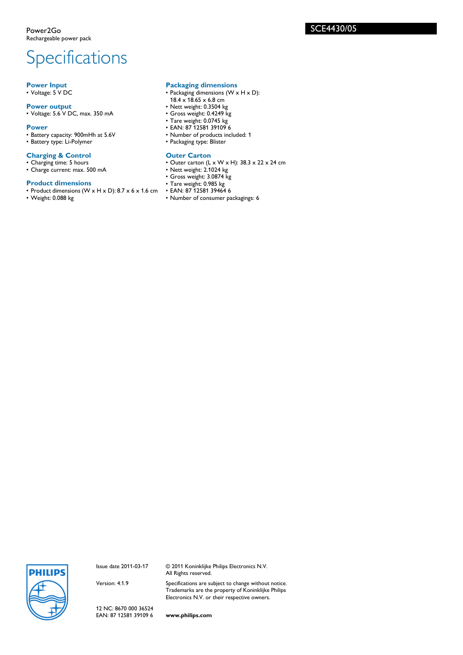 Specifications | Philips Power2Go SCE4430/05 User Manual | Page 2 / 2