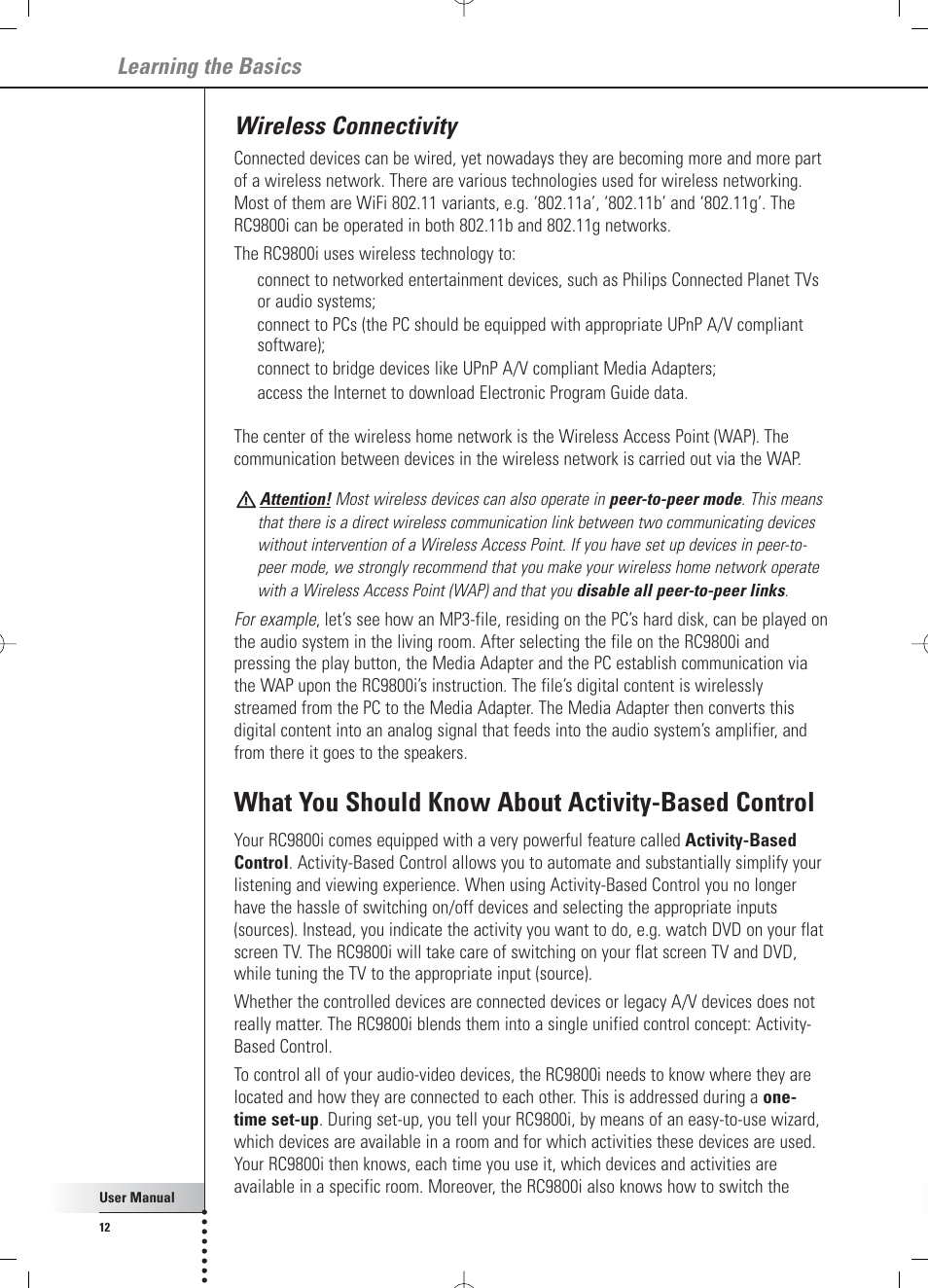 What you should know about activity-based control, Wireless connectivity, Learning the basics | Philips RC 9800i User Manual | Page 12 / 62