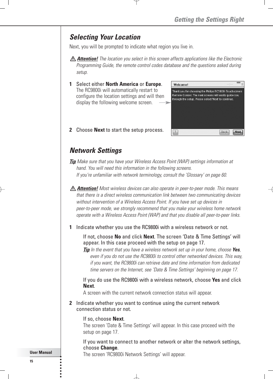 Selecting your location, Network settings, Getting the settings right | Philips RC 9800i User Manual | Page 15 / 62