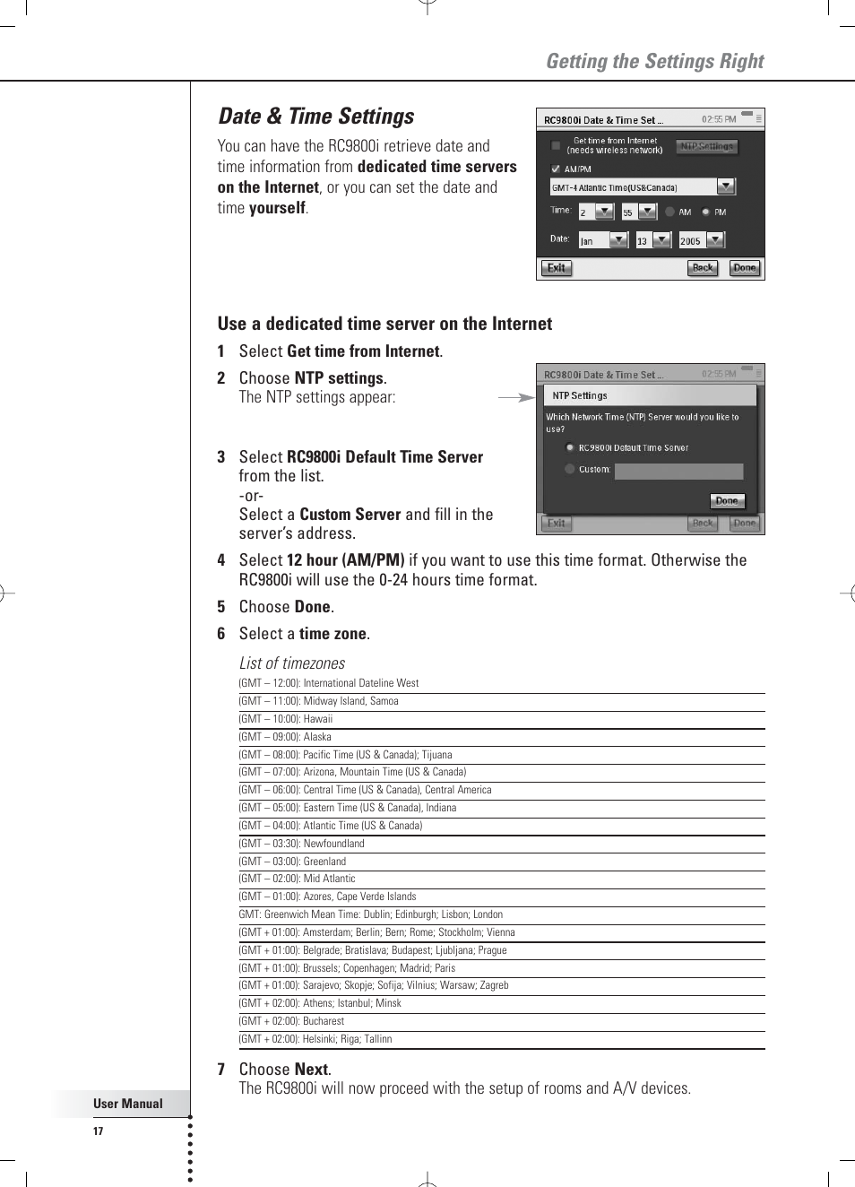 Date & time settings, Getting the settings right, Use a dedicated time server on the internet | Philips RC 9800i User Manual | Page 17 / 62