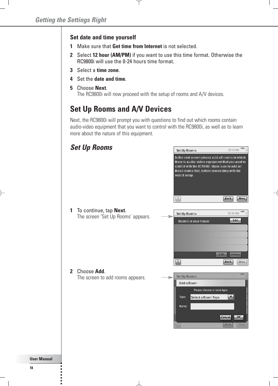 Set up rooms and a/v devices, Set up rooms, Getting the settings right | Philips RC 9800i User Manual | Page 18 / 62