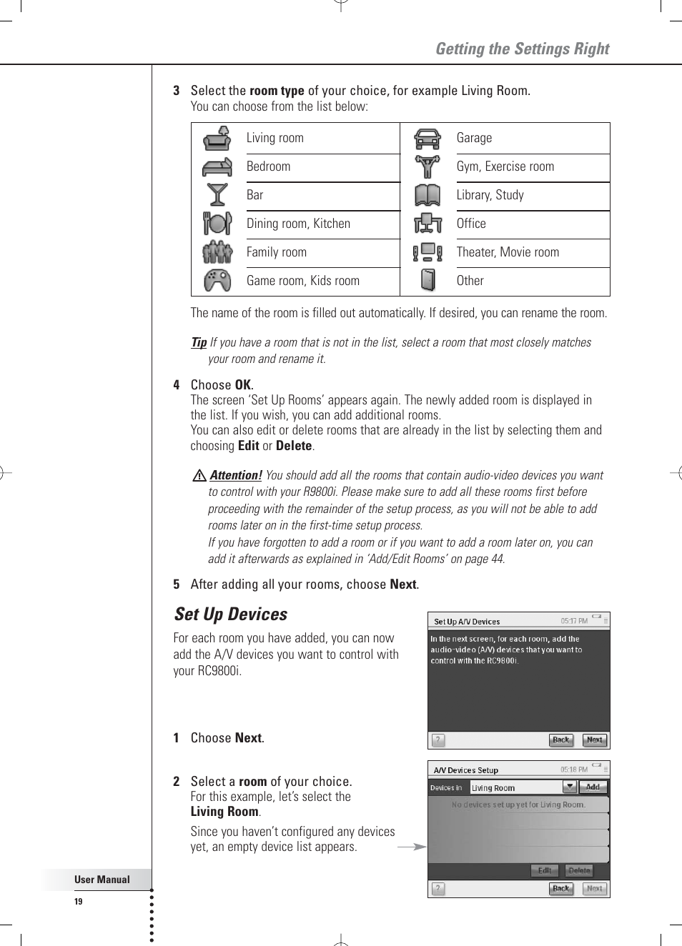 Set up devices, Getting the settings right | Philips RC 9800i User Manual | Page 19 / 62