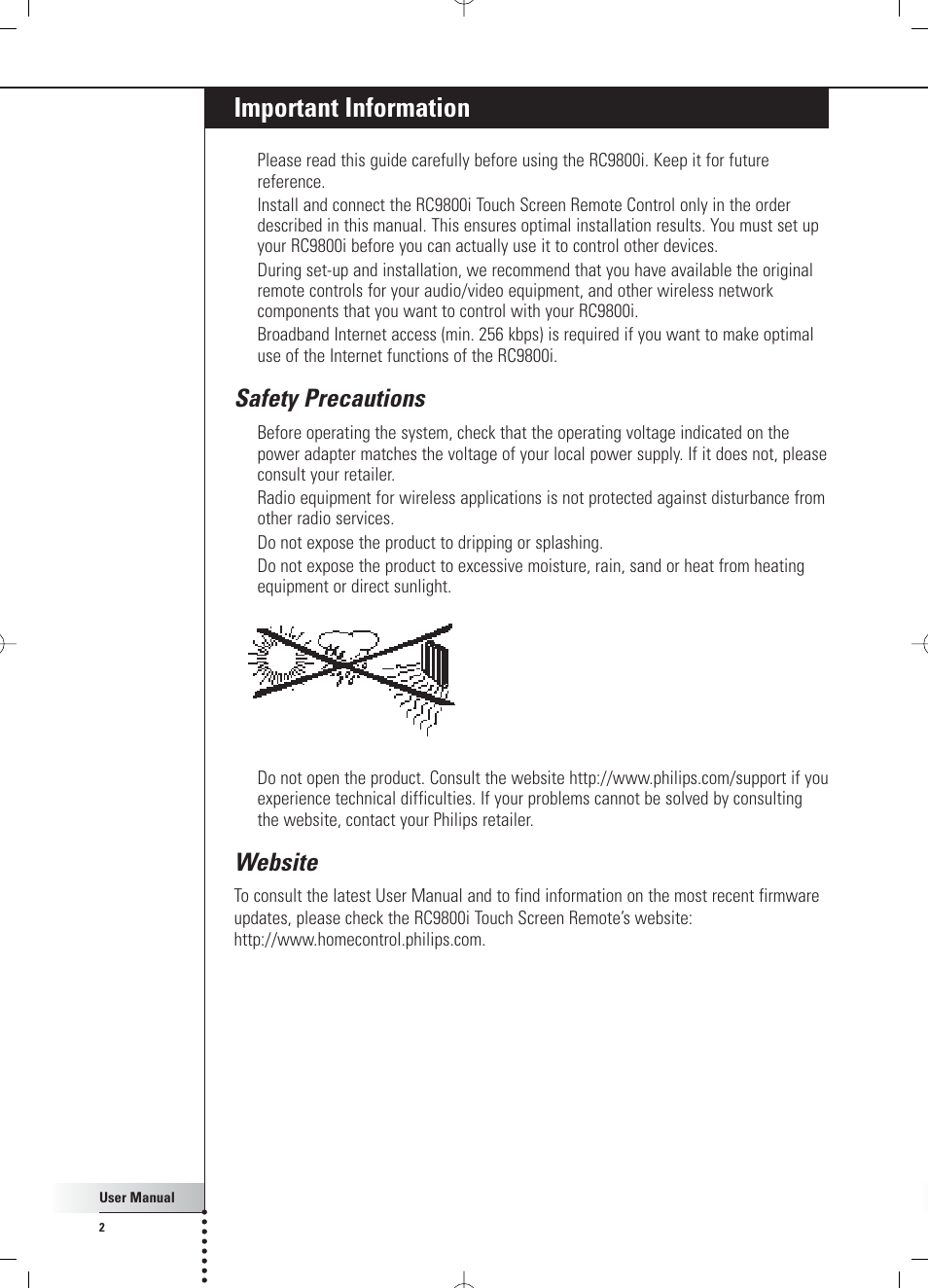 Important information, Safety precautions, Website | Philips RC 9800i User Manual | Page 2 / 62