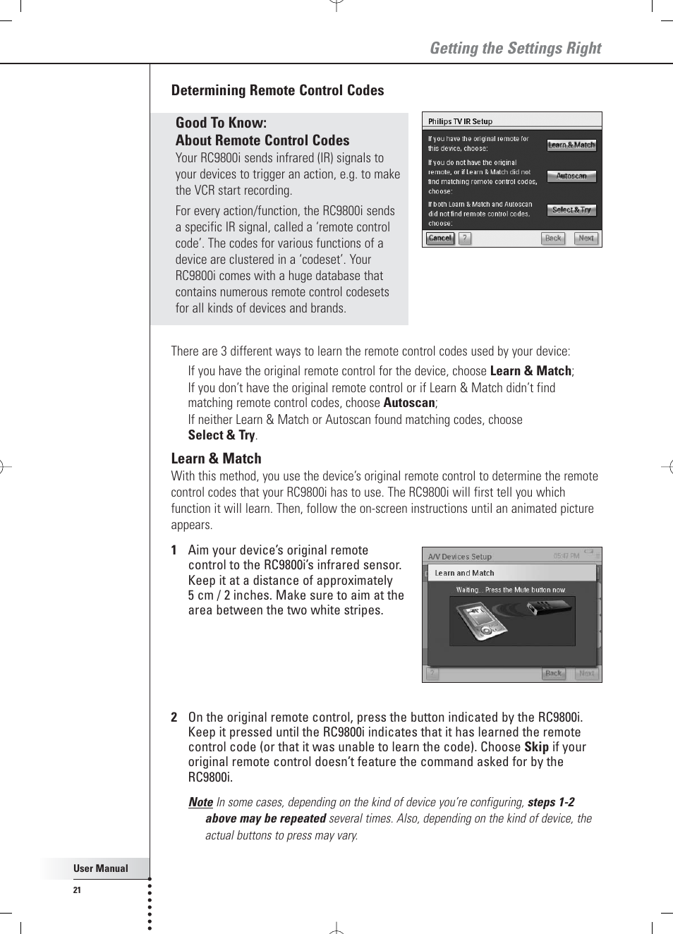 Getting the settings right | Philips RC 9800i User Manual | Page 21 / 62