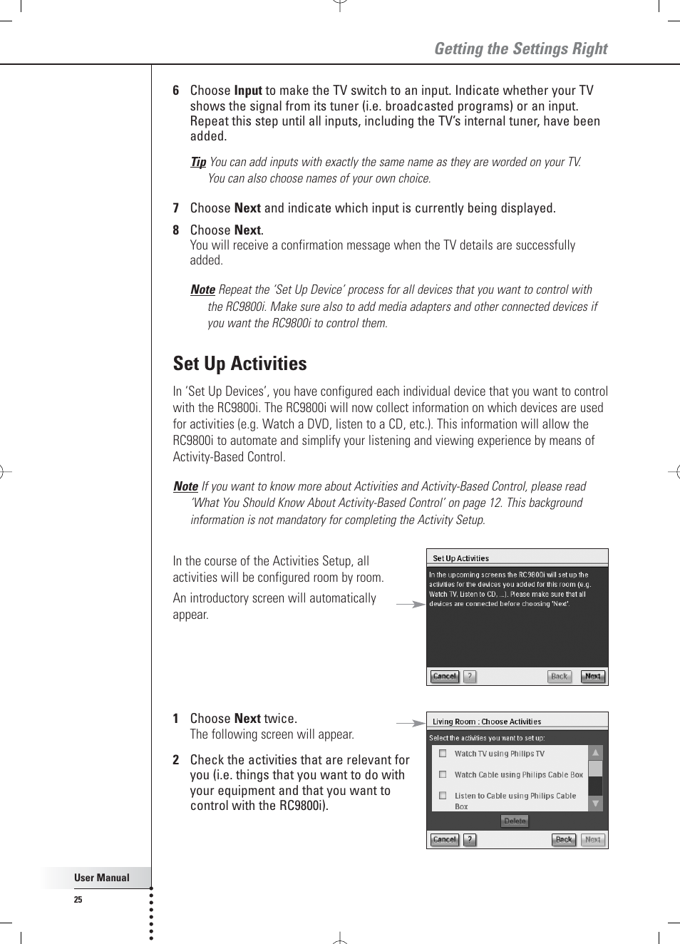 Set up activities, Getting the settings right | Philips RC 9800i User Manual | Page 25 / 62