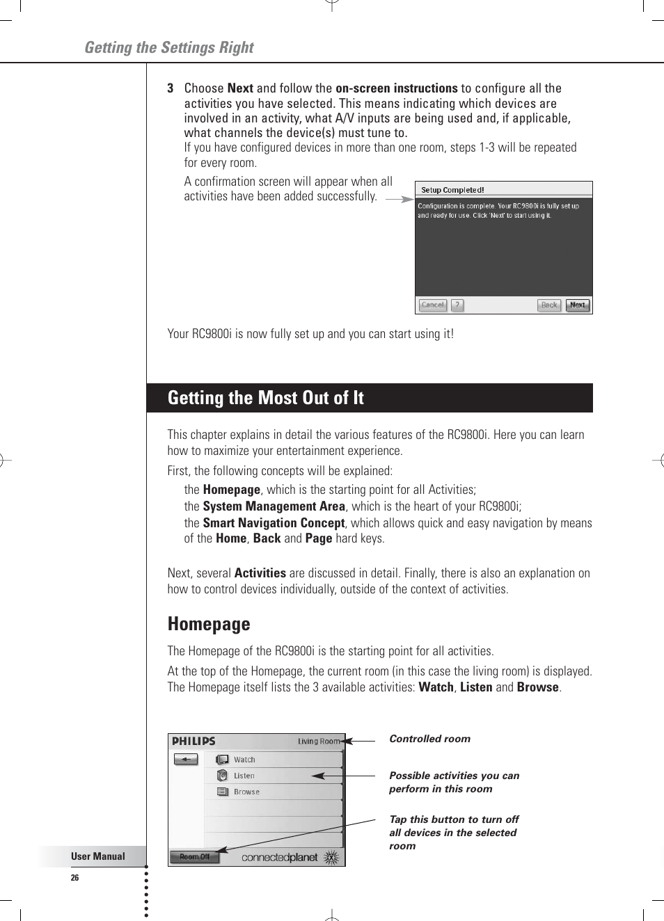 Getting the most out of it, Homepage, Getting the settings right | Philips RC 9800i User Manual | Page 26 / 62