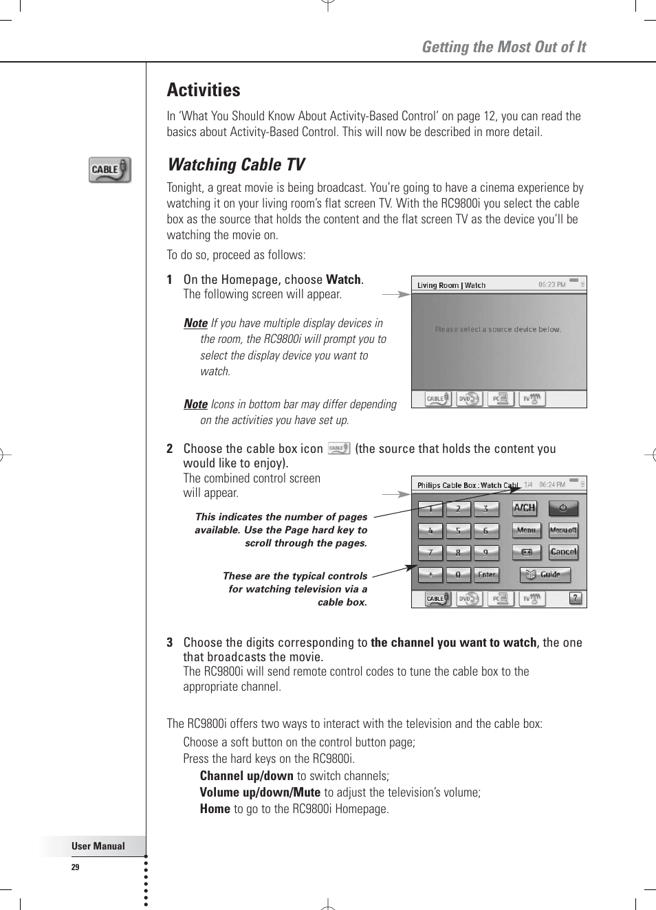 Activities, Watching cable tv, Getting the most out of it | Philips RC 9800i User Manual | Page 29 / 62