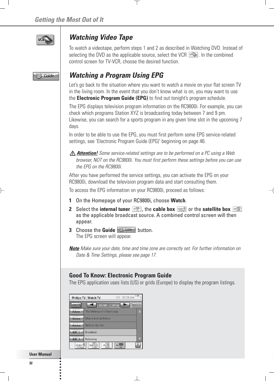 Watching video tape, Watching a program using epg, Getting the most out of it | Philips RC 9800i User Manual | Page 32 / 62