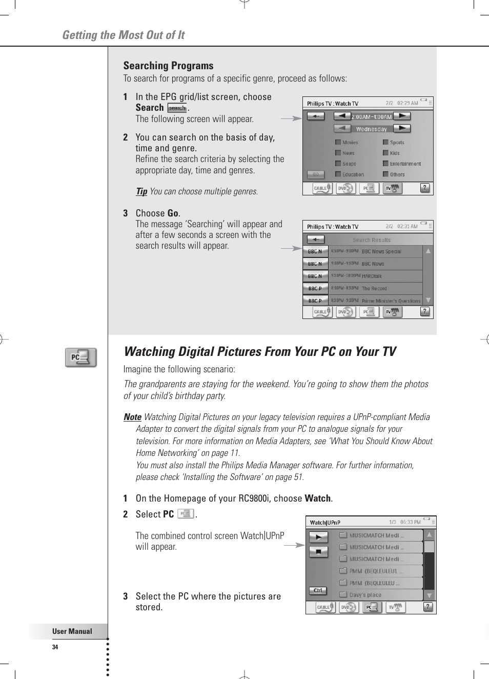 Watching digital pictures from your pc on your tv, Getting the most out of it | Philips RC 9800i User Manual | Page 34 / 62