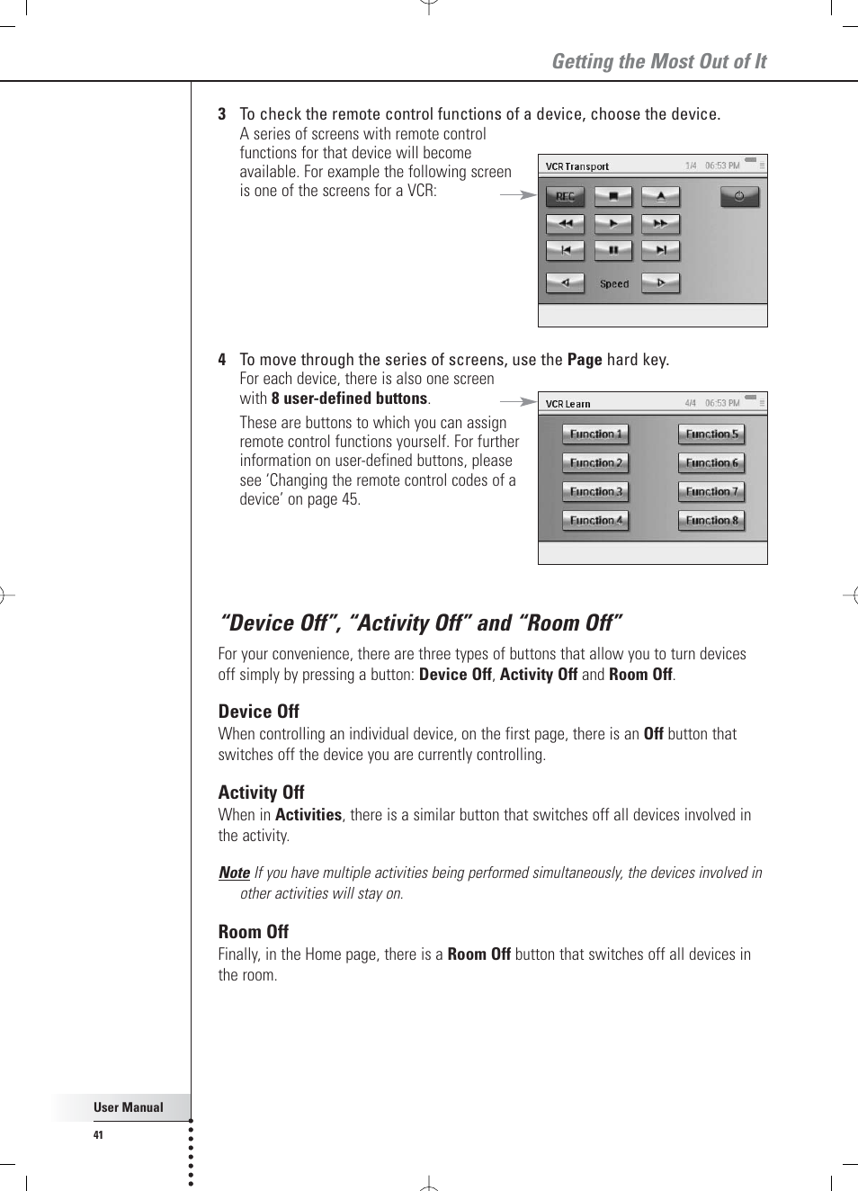 Device off”, “activity off” and “room off, Getting the most out of it | Philips RC 9800i User Manual | Page 41 / 62