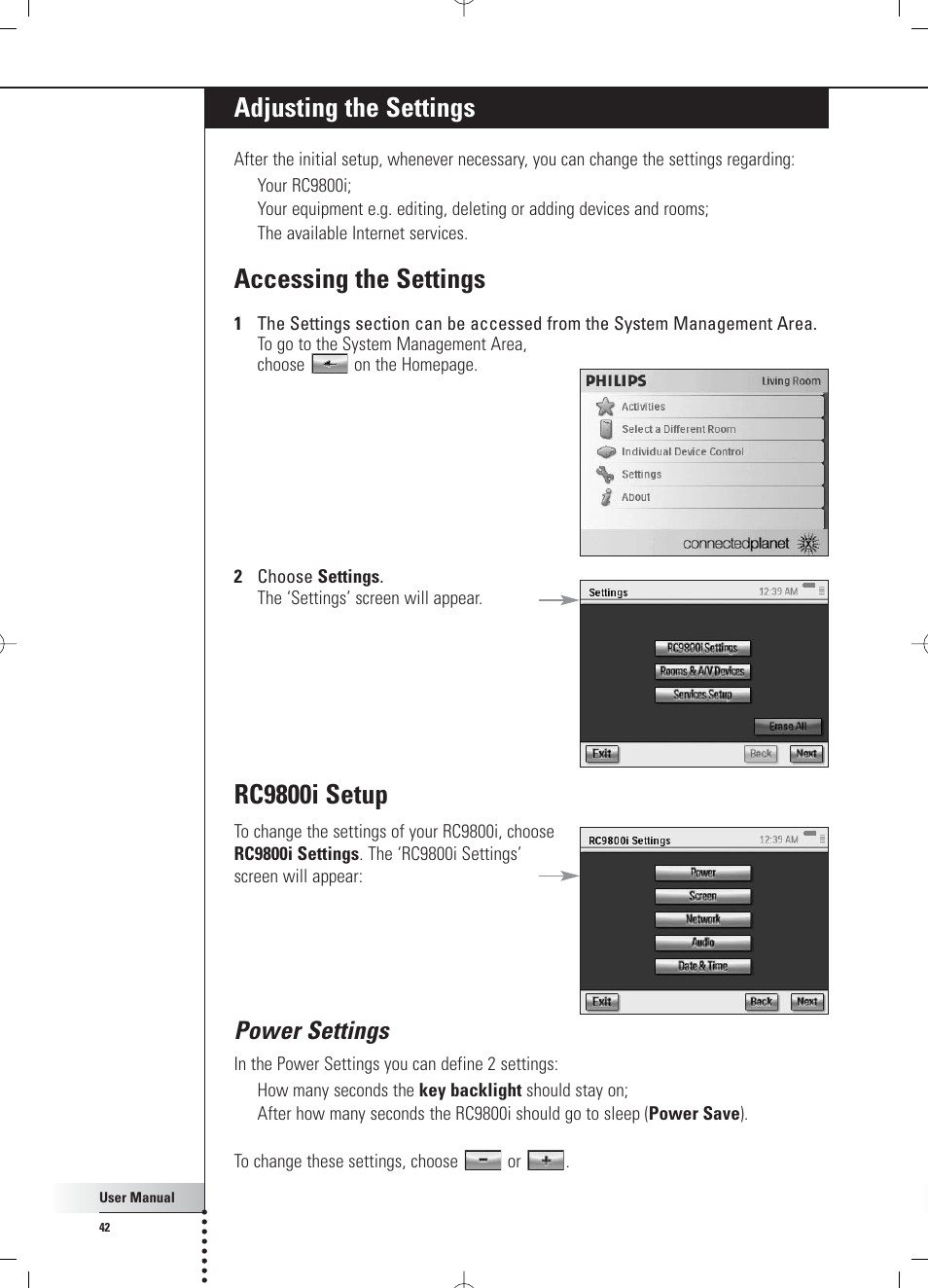 Adjusting the settings, Accessing the settings, Rc9800i setup | Power settings | Philips RC 9800i User Manual | Page 42 / 62