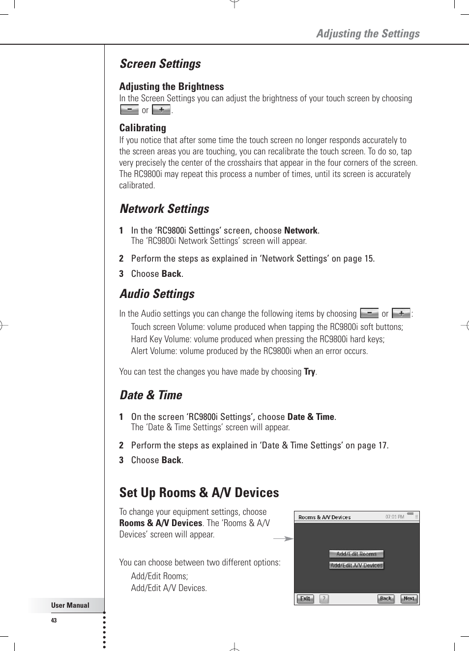 Set up rooms & a/v devices, Screen settings, Network settings | Audio settings, Date & time, Adjusting the settings | Philips RC 9800i User Manual | Page 43 / 62