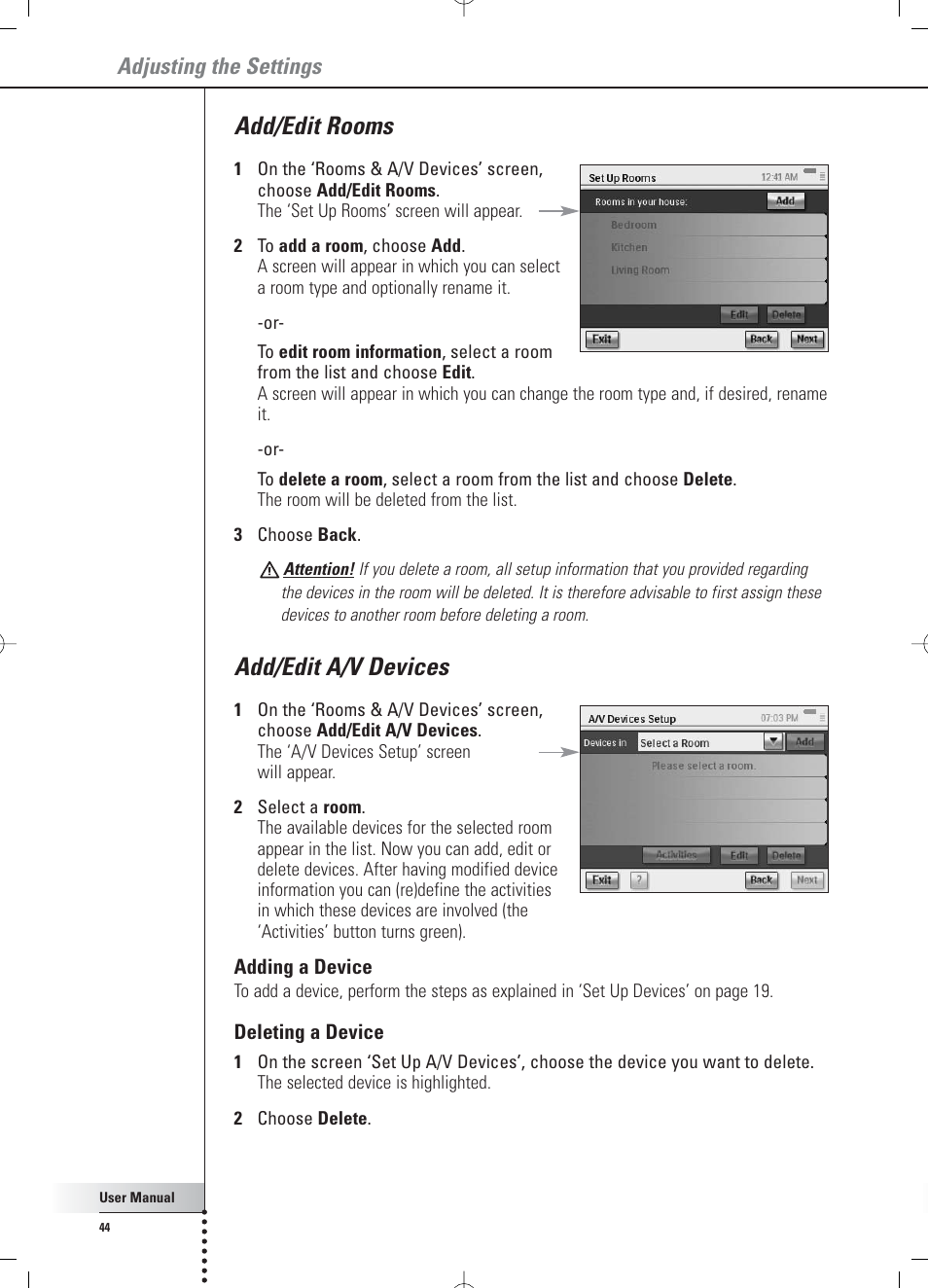 Add/edit rooms, Add/edit a/v devices, Adjusting the settings | Philips RC 9800i User Manual | Page 44 / 62