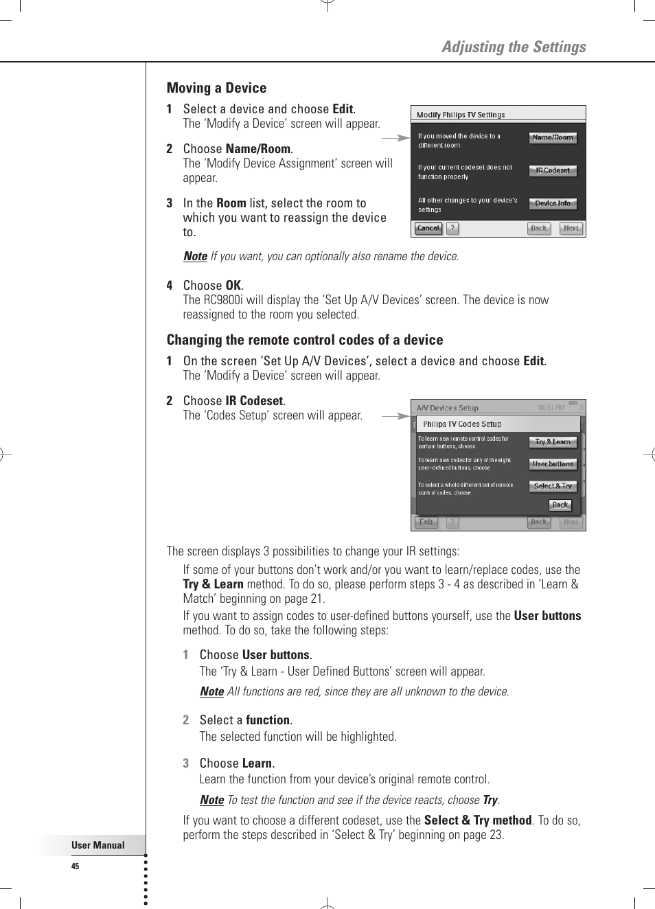 Adjusting the settings | Philips RC 9800i User Manual | Page 45 / 62