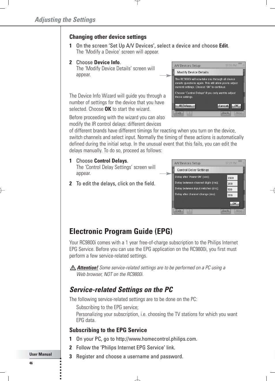 Electronic program guide (epg), Service-related settings on the pc, Adjusting the settings | Philips RC 9800i User Manual | Page 46 / 62