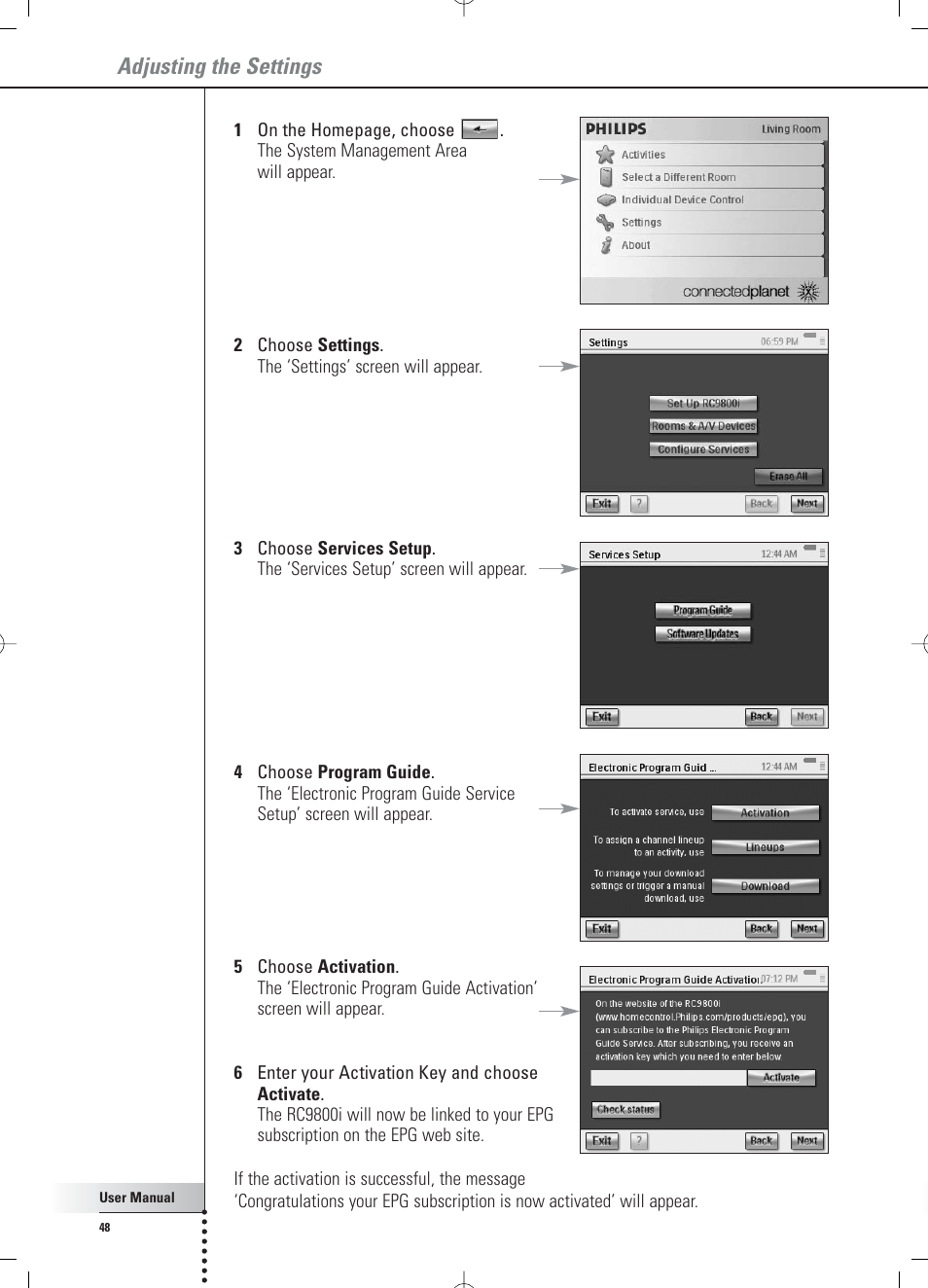 Adjusting the settings | Philips RC 9800i User Manual | Page 48 / 62