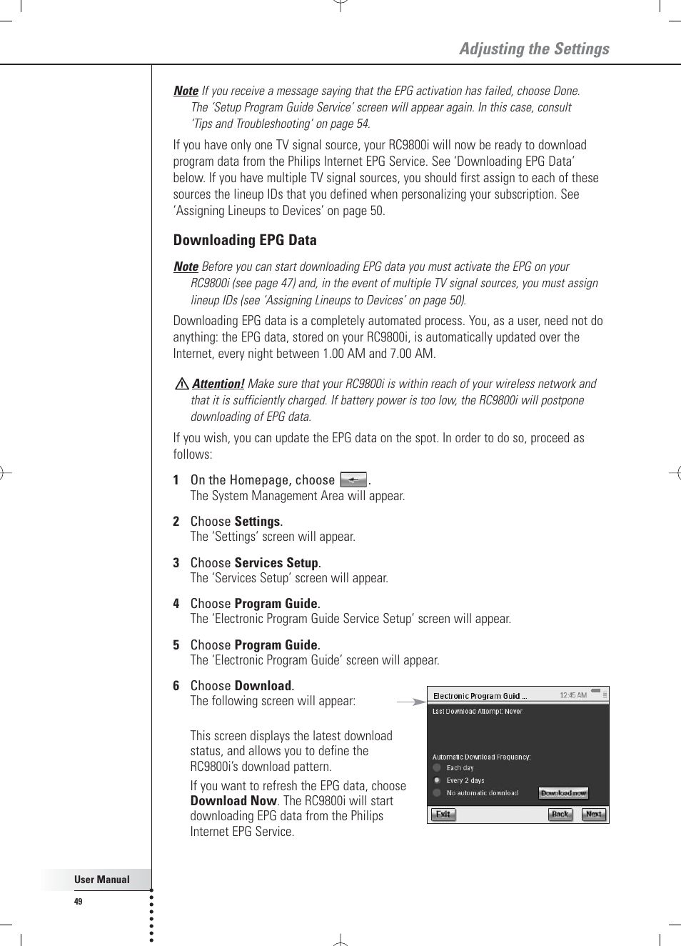 Adjusting the settings | Philips RC 9800i User Manual | Page 49 / 62