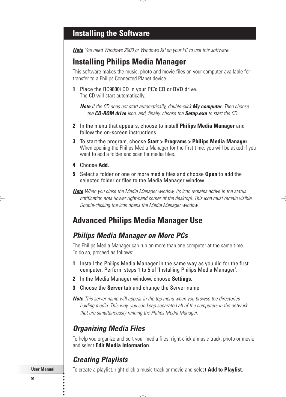 Installing the software, Installing philips media manager, Advanced philips media manager use | Philips media manager on more pcs, Organizing media files, Creating playlists | Philips RC 9800i User Manual | Page 51 / 62