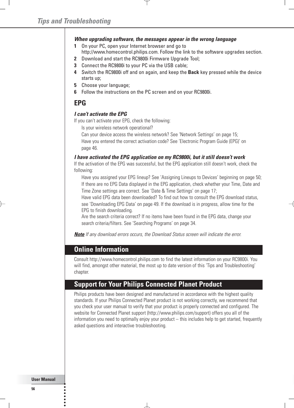 Tips and troubleshooting, Online information, Support for your philips connected planet product | Philips RC 9800i User Manual | Page 56 / 62