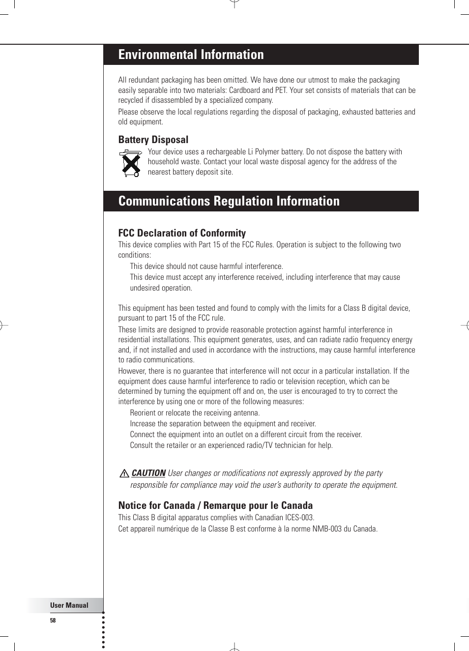 Environmental information, Communications regulation information, Battery disposal | Fcc declaration of conformity, Notice for canada / remarque pour le canada | Philips RC 9800i User Manual | Page 58 / 62